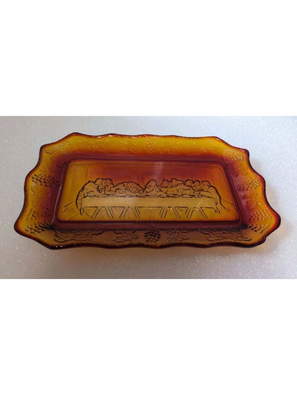 Vintage Amberina Indiana Glass Bread Plate The Last Supper 11" x 7" Religious